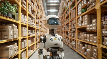 Fototapeta premium AI-Powered Robot in a Modern Warehouse Environment Optimizing Inventory Management and Supply Chain Efficiency