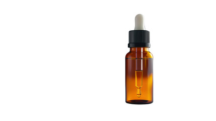 Amber dropper bottle containing serum is standing on white background