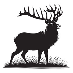 Black Color Irish Elk Silhouette Vector Illustration, Solid White Background