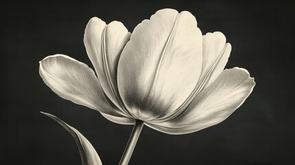 Single Tulip Flower Botanical Illustration Drawing in Grayscale Against Dark Background