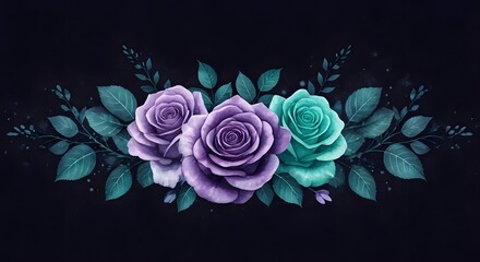 A mystical floral arrangement with purple and teal watercolor roses and swirling vines, AI Generated