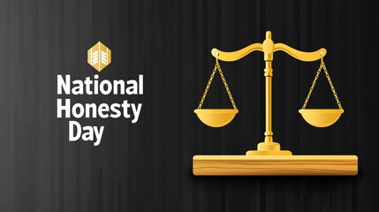 Minimalist graphic design for National Honesty Day, dark gray background, golden scales of justice with wooden base, illustration