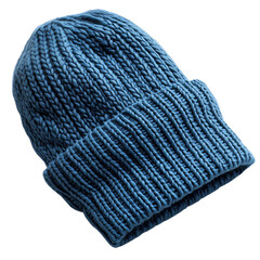 Close-up of a stylish, deep blue knitted beanie png isolated on transparent background