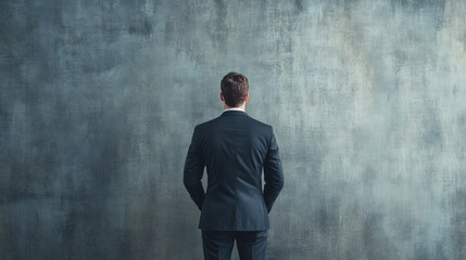 A businessman in a suit stands with his back to the camera, contemplating in front of a textured gray wall
