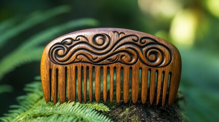 A beautifully carved wooden comb rests on a green backdrop