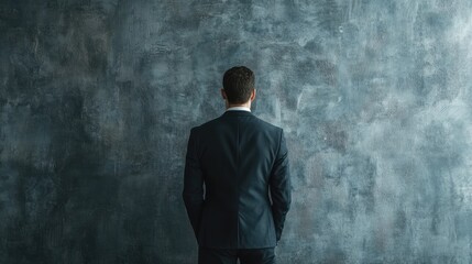 Obraz premium Businessman in a suit standing against a textured gray wall, contemplating opportunities in a modern office setting