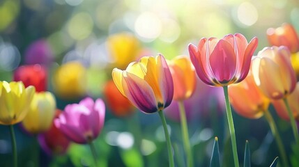 Colorful Tulip Garden Blooming in Sunlight Spring Flowers Background Image