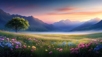 Fototapeta premium Sunset over flowering meadow mountain landscape nature photography serene environment wide-angle view tranquil beauty