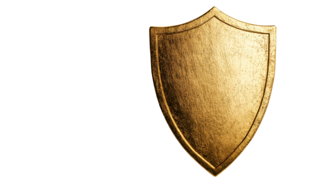 Golden, old, shield emblem for security on black background, cut out transparent