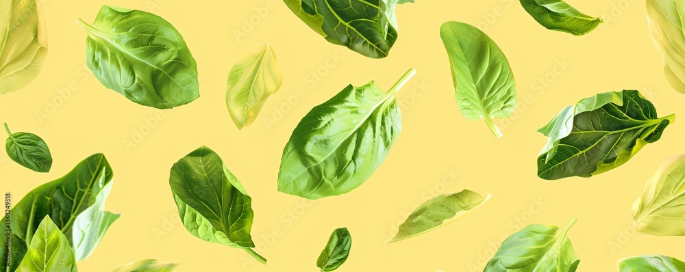 Aufkleber baby spinach leaves floating on a vibrant yellow background