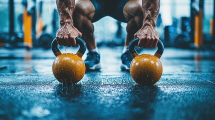 A man in a gym lifting kettlebells, sweat dripping as he engages his core