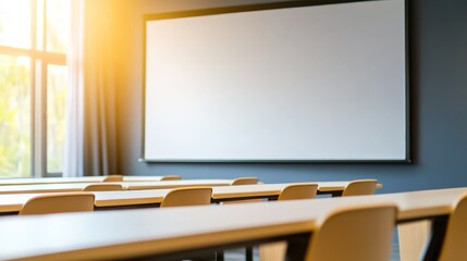 Modern classroom with empty desks and a blank whiteboard, sunlight streaming in through windows