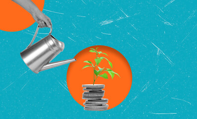 Modern art art collage depicting human hands holding a watering can and watering money, coin plant on blue background. © beast01