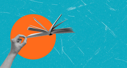 Art collage, the hand with the book on blue background with copy space.
