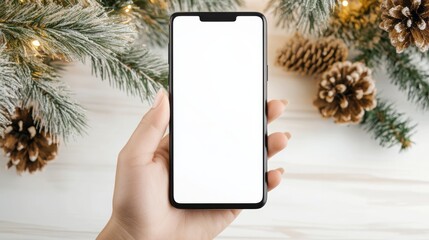 Hand holding phone with blank screen amidst christmas decorations