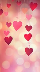 Valentine's Day background with hanging hearts, blurred light pink and red colors, free space for text, phone wallpaper