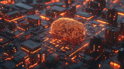 Futuristic representation of AI brain on a circuit board with glowing elements, showcasing advanced technology and adaptability in digital language model