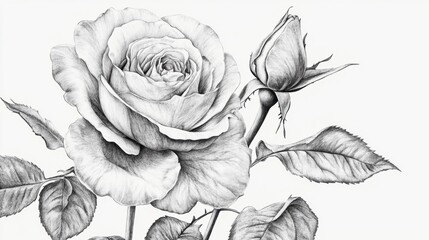 Detailed Rose Sketch Art with Bud and Leaves on White Background