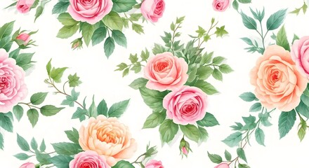 A romantic floral pattern with watercolor roses, peonies, and ivy vines intertwining, AI Generated