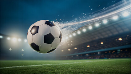 Fototapeta premium Soccer ball flying through the air in a stadium 