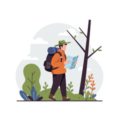 Hiker exploring nature with map in minimal flat vector art style