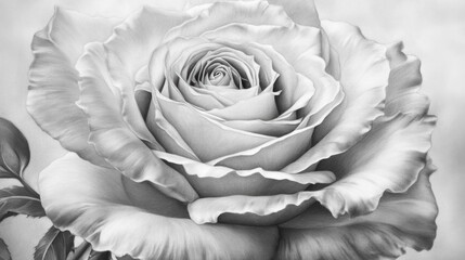 Elegant Rose Flower Pencil Drawing Close Up in Black and White