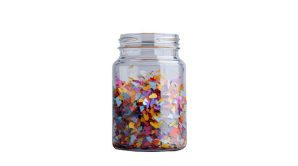 Glass jar containing colorful confetti on white background