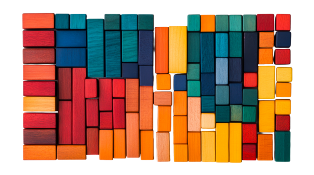 Colorful wooden blocks pattern on black background, cut out transparent