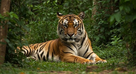 Obraz premium Resting Tiger Portrait in Lush Green Jungle Habitat with Direct Gaze