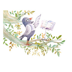 bird singing on tree branch, watercolor illustration for kids book