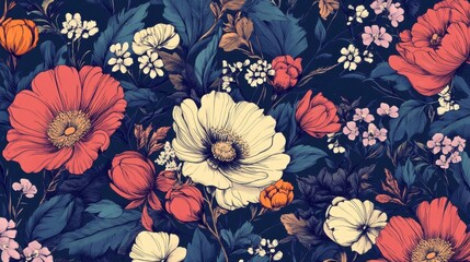 Floral Pattern with Poppies and Small White Flowers on Dark Background