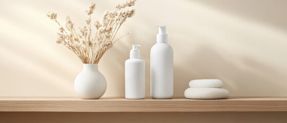 Serene product display minimalist beauty products modern environment soft lighting aesthetic appeal