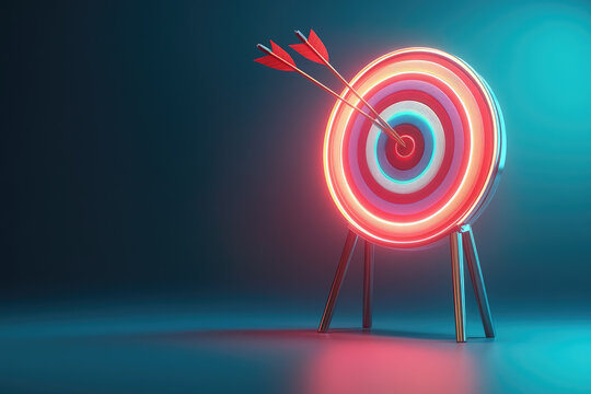 Archery target practice indoor arena image of bullseye with arrows neon blue light environment close-up view precision and concept