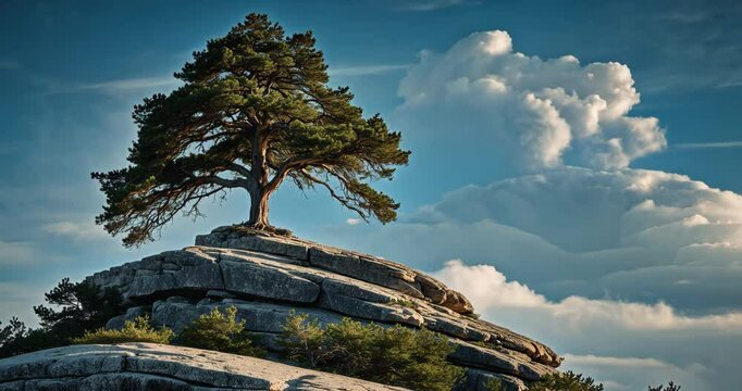 Cedar tree positioned on a rock with fluffy clouds set against a blue sky.