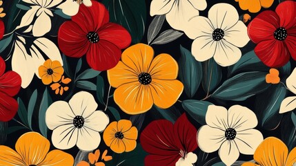 Floral Pattern Design Featuring Colorful Flowers and Leaves on Dark Background