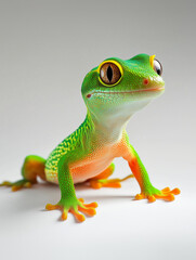A vibrant gecko sitting still on a surface, its bright green and orange skin patterns visible against a plain white background. 