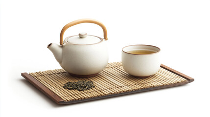 Fototapeta premium A white teapot and cup of tea on a bamboo mat with loose tea leaves in a bright studio setting