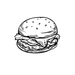 Monochrome vector sesame burger with meat, vegetables and sauce line art painted by black inks. Etching drawing of classic homemade beef sandwich for fast food logos, packaging, and menu design