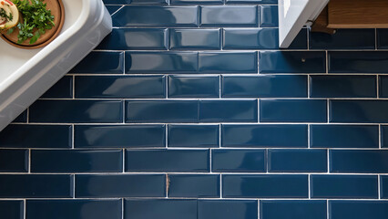 Glossy Navy Blue Subway Tile Kitchen Floor