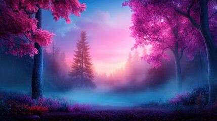 Serene sunrise over misty forest enchanted landscape digital tranquil environment horizon view nature's beauty