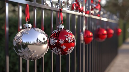 Festive Ornaments Hanging on a Decorative Fence