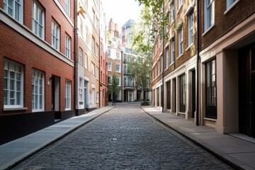 Obraz premium A peaceful cobblestone street nestled in a historic urban district, where delightful architecture basks in the warm glow of the afternoon sun