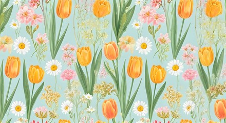 A spring-inspired watercolor floral pattern with tulips, cherry blossoms, and daisies, AI Generated