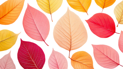 Autumn leaves with various colors and shapes, cut out transparent