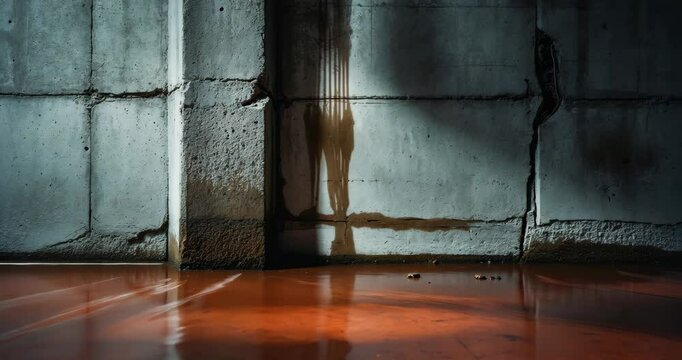 Damage to a concrete column caused by water in the basement