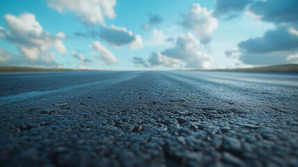 Obraz premium A close up view of asphalt road stretching towards the horizon under a cloudy blue sky on a sunny day