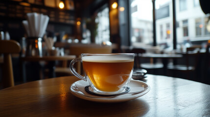 Fototapeta premium A cup of tea sits on a saucer on a wooden table