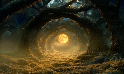 Mossy arches deep in a twilight forest. A massive full moon filters pale light through the branches, illuminating dust motes in the still air - Powered by Adobe