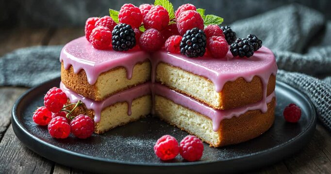 Tasty and revitalizing juicy dessert, punch cake garnished with sugar icing along with fresh raspberries and red currants on a wooden surface.