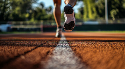 A close up of a person running on a track with a white line in the foreground and blurred background